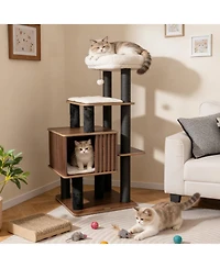 Hongge 53.5 Inch Wooden Cat Tower with Extra-Wide Padded Top Perch