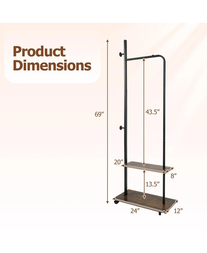 Hongge Freestanding Industrial Clothing Rack with 2 Wooden Shelves and Rolling Wheels