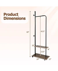 Hongge Freestanding Industrial Clothing Rack with 2 Wooden Shelves and Rolling Wheels