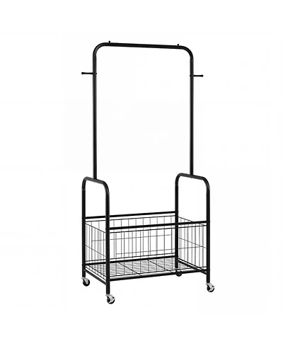 Hongge Rolling Metal Clothes Rack with Hanging Rod and Large Storage Basket