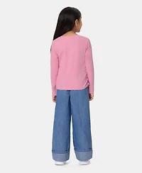 Calvin Klein Toddler Girls' 2T-6X Monogram Ribbed Long-Sleeve Top and Wide-Leg Denim Pants, 2-Piece Set