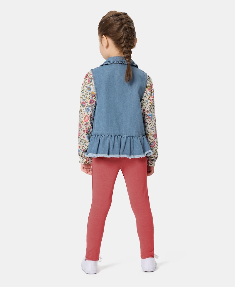 Kids Headquarters Toddler Girls' 2T-4T Denim Vest, Long-Sleeve Top and Leggings, 3-Piece Set