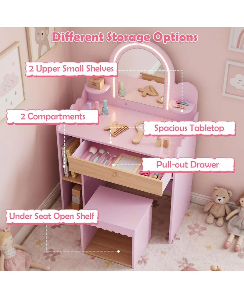 Hongge Lighted Makeup Mirror 2-Piece Vanity and Chair Set, Ages 3+