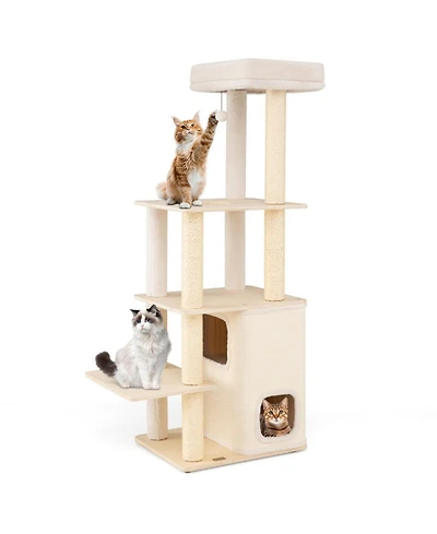 Hongge Wooden Cat Tree with Padded Two-Story Condo, 63 Inch