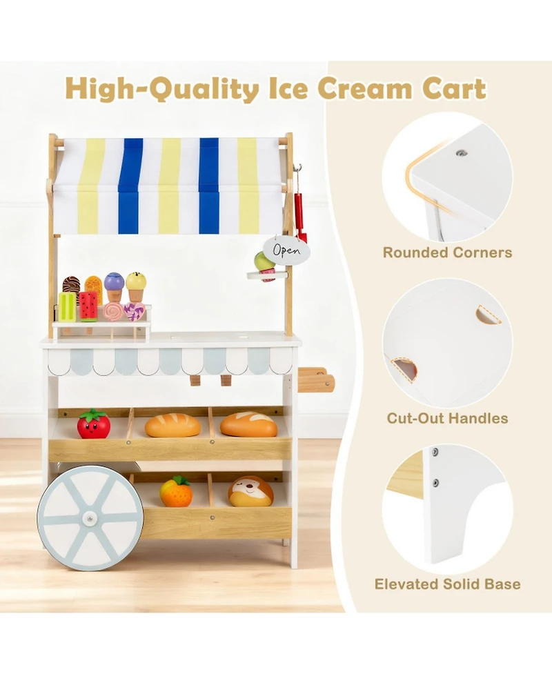Hongge 2-in-1 Wooden Ice Cream Cart and Grocery Store Playset for Kids
