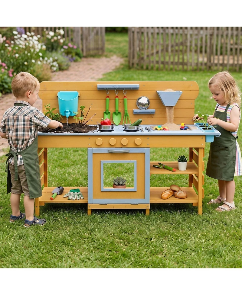 Hongge Wooden Mud Kitchen 2-Sink, 4-Stove 14-Piece Play Set, Ages 3+