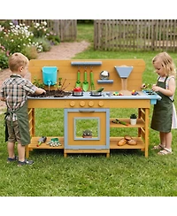 Hongge Wooden Mud Kitchen 2-Sink, 4-Stove 14-Piece Play Set, Ages 3+
