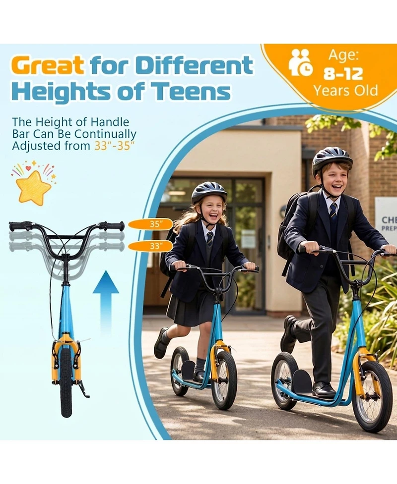 Hongge Kids Kick Scooter 12-Inch Air Wheels Dual V-Brakes, 165 lbs Capacity, Ages 8+