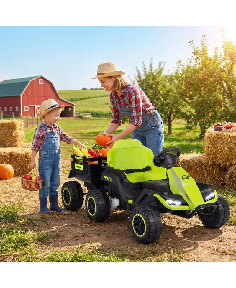 Hongge 24V Kids Ride On Tractor with Detachable Trailer, Remote Control, 66 lbs Weight Limit, Ages 3+
