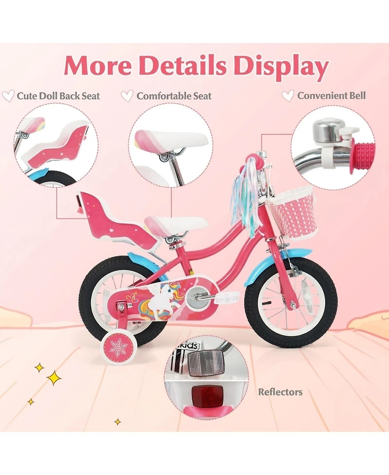 Hongge 12-Inch Girls' Bike with Doll Seat, Front Basket and Training Wheels, Ages 3-4