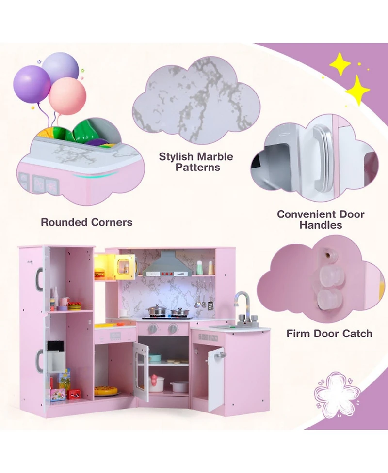 Hongge Kids Corner Play Kitchen Playset with Sensor Faucet and Sound Lights Ages 3