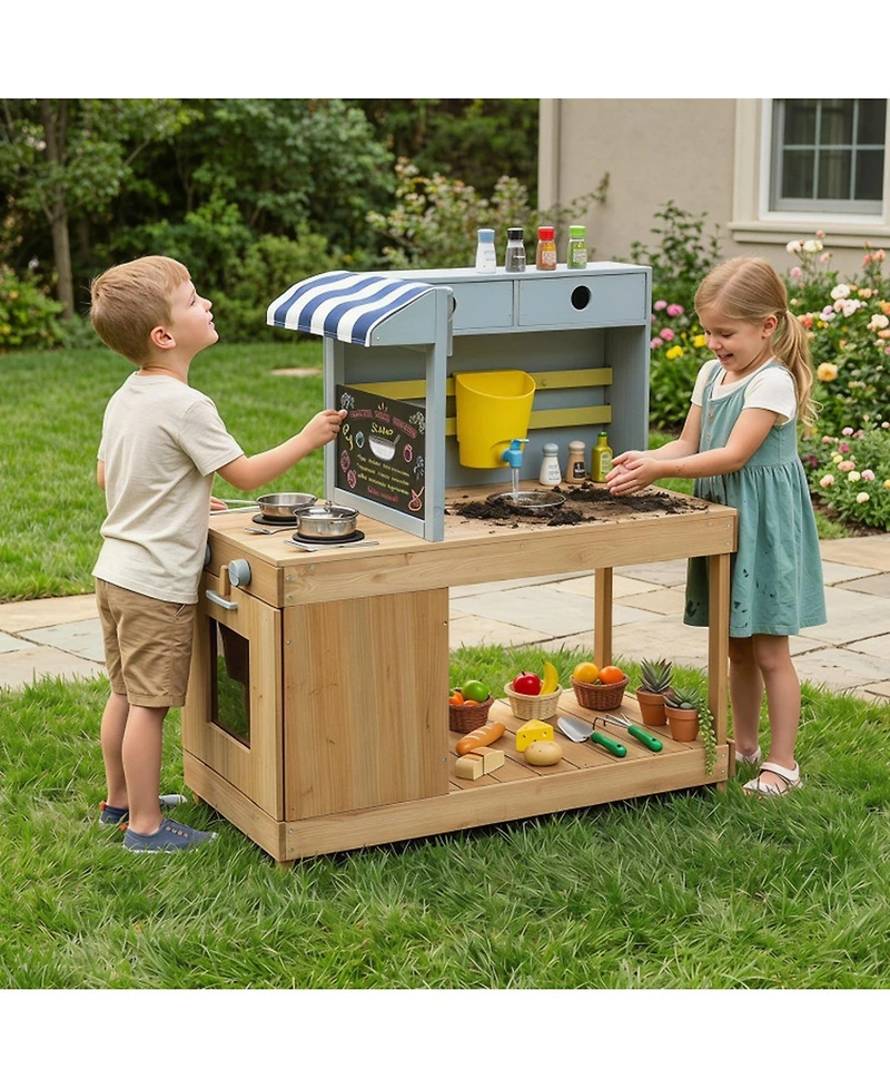 Hongge Canopy Mud Kitchen with Water Tank and Faucet, Ages 3+