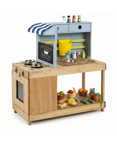 Hongge Canopy Mud Kitchen with Water Tank and Faucet, Ages 3+