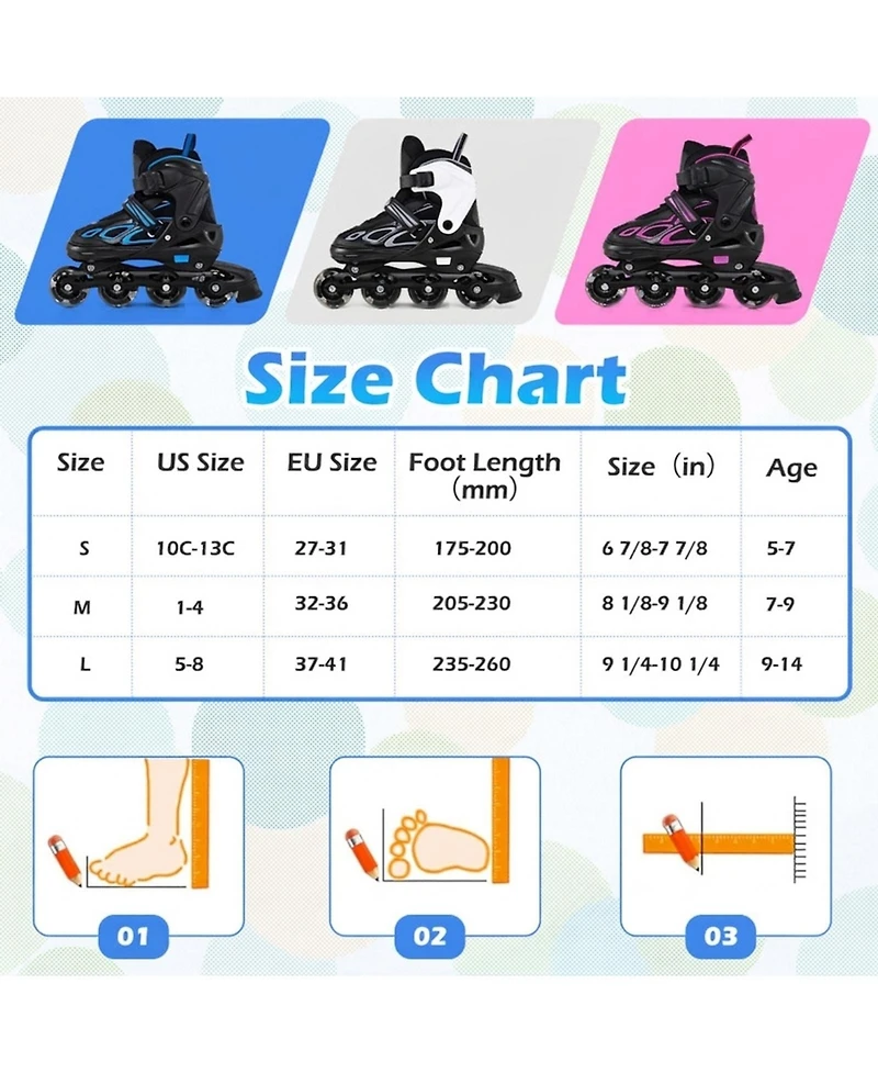 Hongge Adjustable Kids Inline Skates with Heel Brake and Light-Up Wheels Ages 9-14