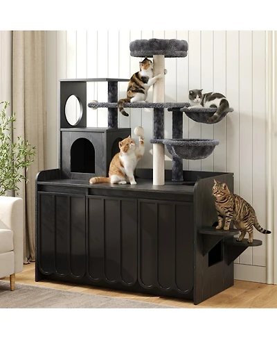 6thdruple 50.6" Cat Tree with Hidden Litter Box, Multi-Level Tower Storage and Hammocks