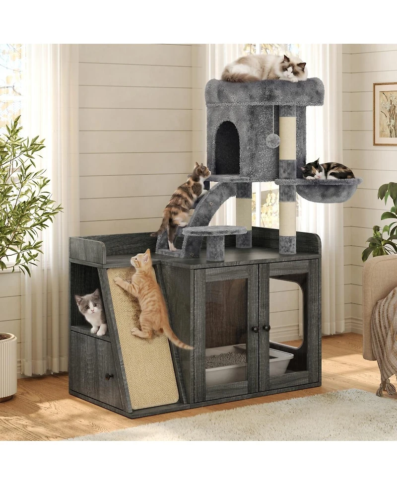 6thdruple Cat Litter Box Enclosure With Led Light, Storage Cabinet and Sisal Scratcher, Modular Cat Tree