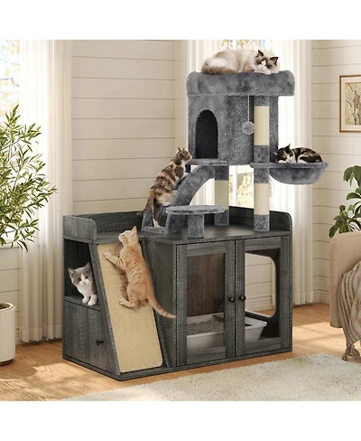 6thdruple Cat Litter Box Enclosure With Led Light, Storage Cabinet and Sisal Scratcher, Modular Cat Tree