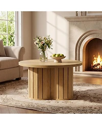 Tribesigns Round Coffee Table, 31.5" Wooden Circle Coffee Table with Three-lobed Grille Base, Small Accent Center Table