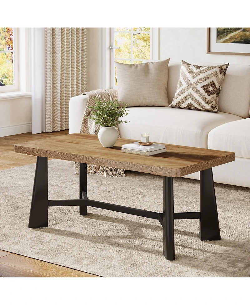 Tribesigns 47.24" Rectangular Coffee Table, Farmhouse Industrial Center Table with Wide Trapezoidal Legs for Living Room