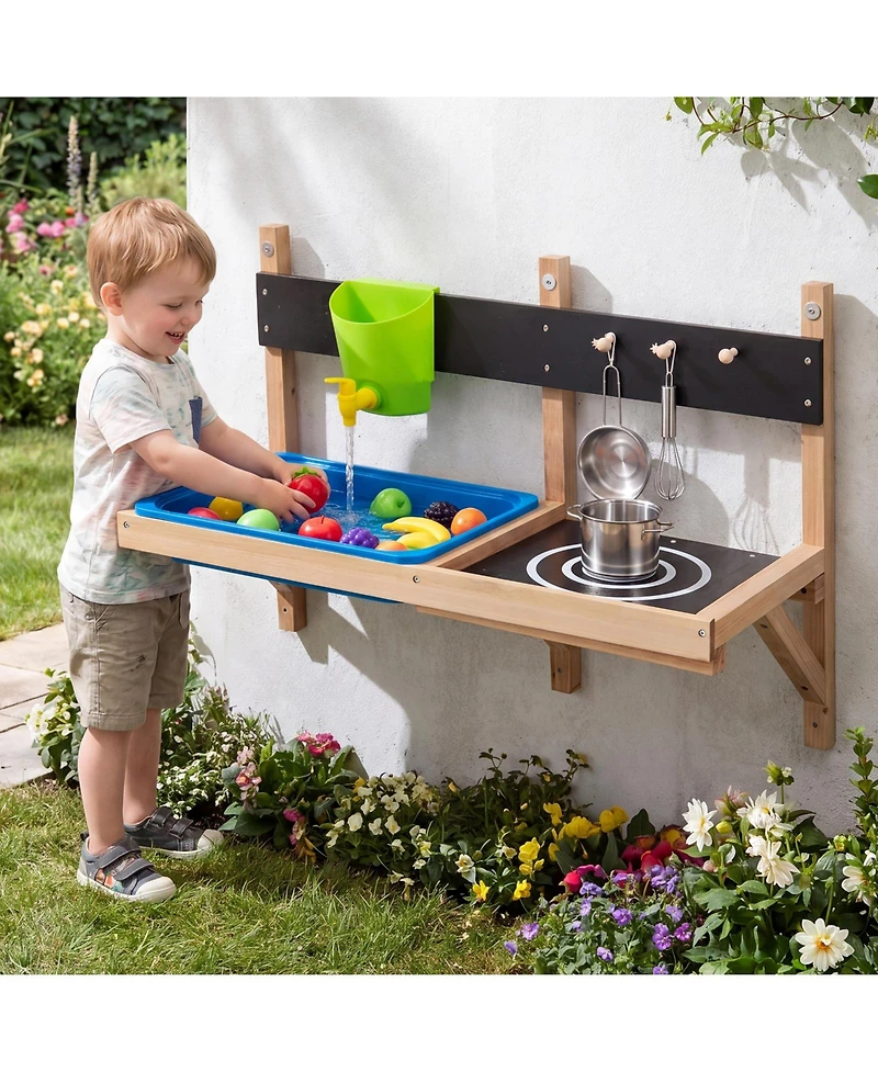 Gymax Outdoor Wall Mounted Mud Kitchen for Kids Wooden Play Kitchen with Sink Faucet
