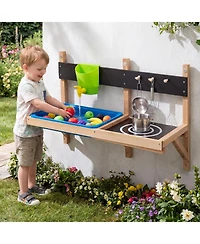 Gymax Outdoor Wall Mounted Mud Kitchen for Kids Wooden Play Kitchen with Sink Faucet