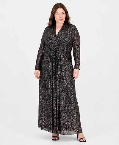 Anne Klein Plus Twist Front V-Neck Long-Sleeve Maxi Dress