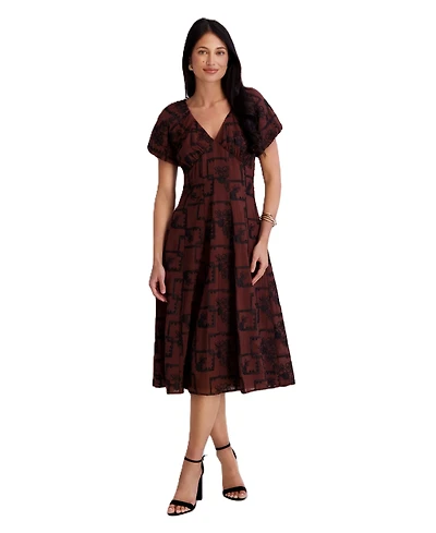 Kensie Women's Embroidered V-Neck A-Line Midi Dress