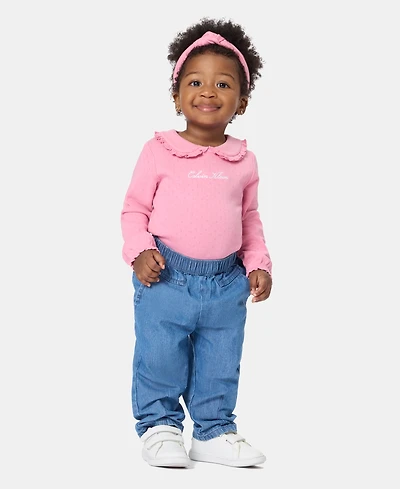 Calvin Klein Baby Girls' Long-Sleeve Bodysuit, Pants and Bow Headband, 3-Piece Set