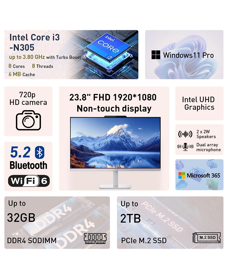 Lenovo A100 23.8" Fhd All-in-One Intel Core i3-N305 with Wireless Keyboard and Mouse