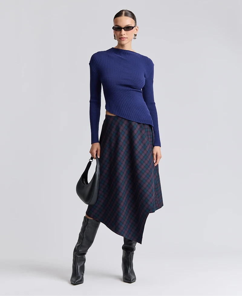 Avec Les Filles Women's Plaid Asymmetrical Wrap Midi Skirt