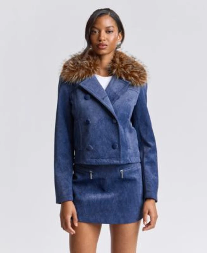 Avec Les Filles Womens Spread Collar Shrunken Coat Corduroy A Line Mini Skirt