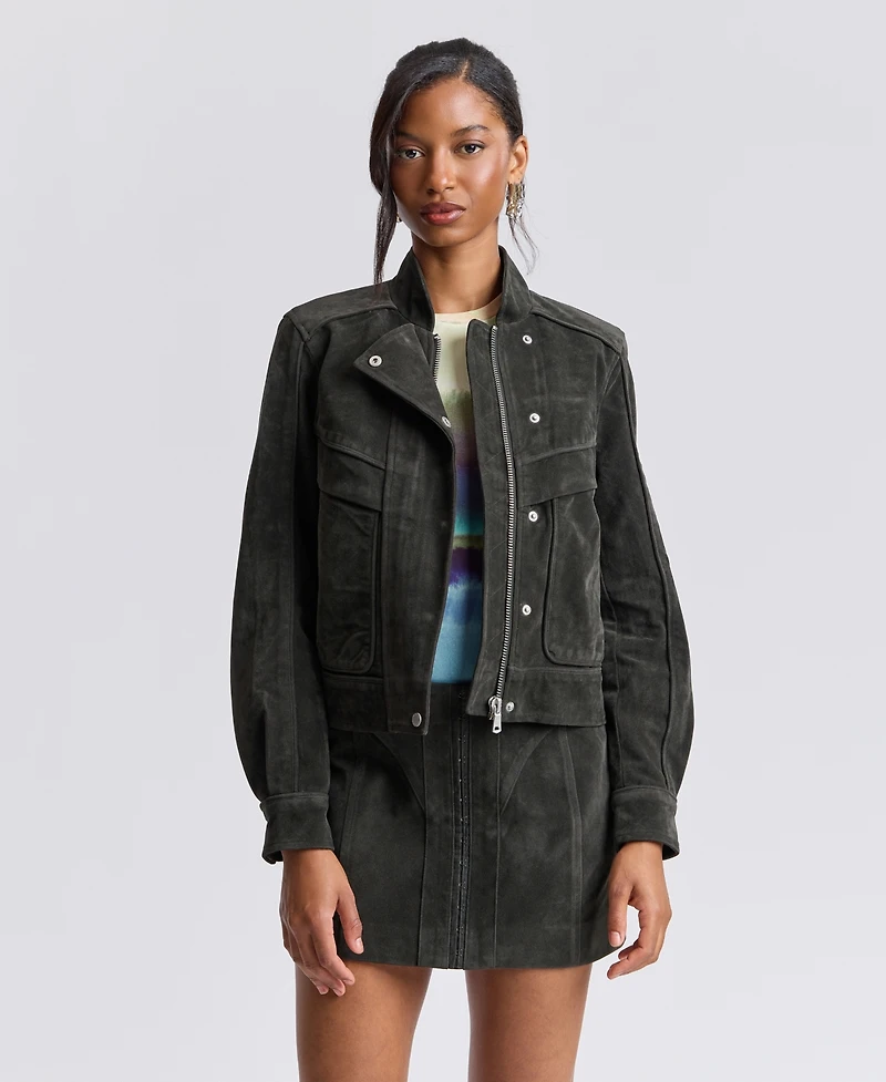 Avec Les Filles Women's Asymmetrical Bomber Zip-Front Faux Suede Jacket