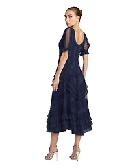 Mac Duggal Women's Short Sleeve Mesh Mirco Ruffle Midi Dress