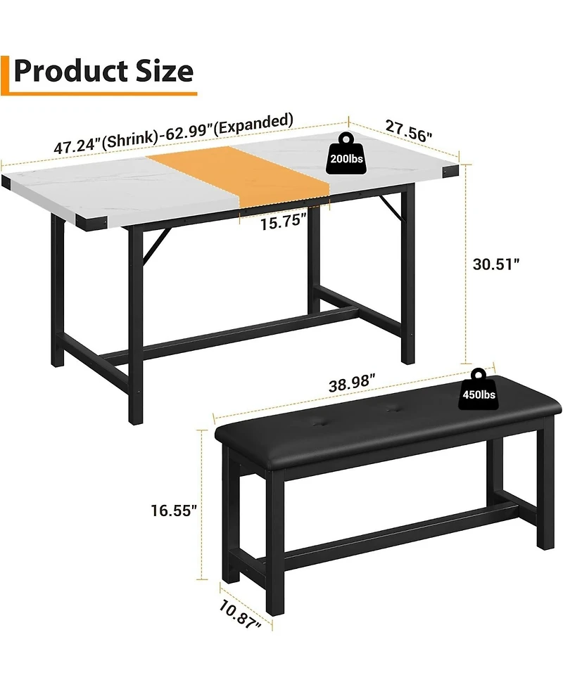 homfan 3-Piece Dining Set for 4-6 – Extendable Table with 2 Benches, Space-Saving for Kitchen and Breakfast Nook