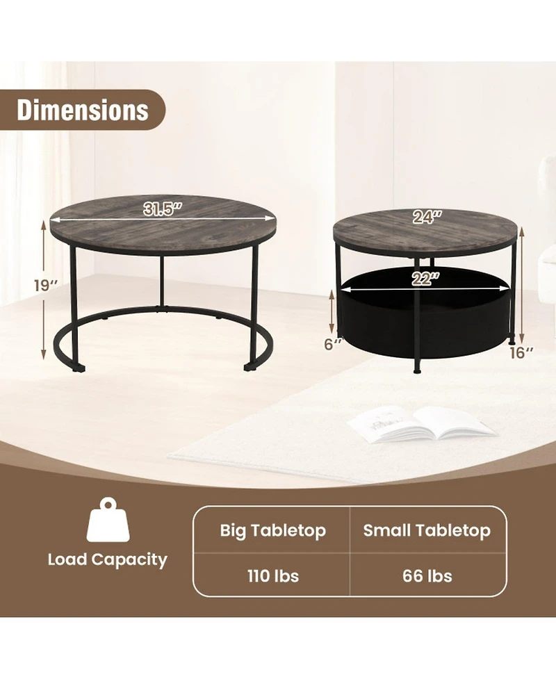 Sugift Round Coffee Table Set of 2 31.5in and 24in Circle Cocktail Tables with Fabric Storage Basket