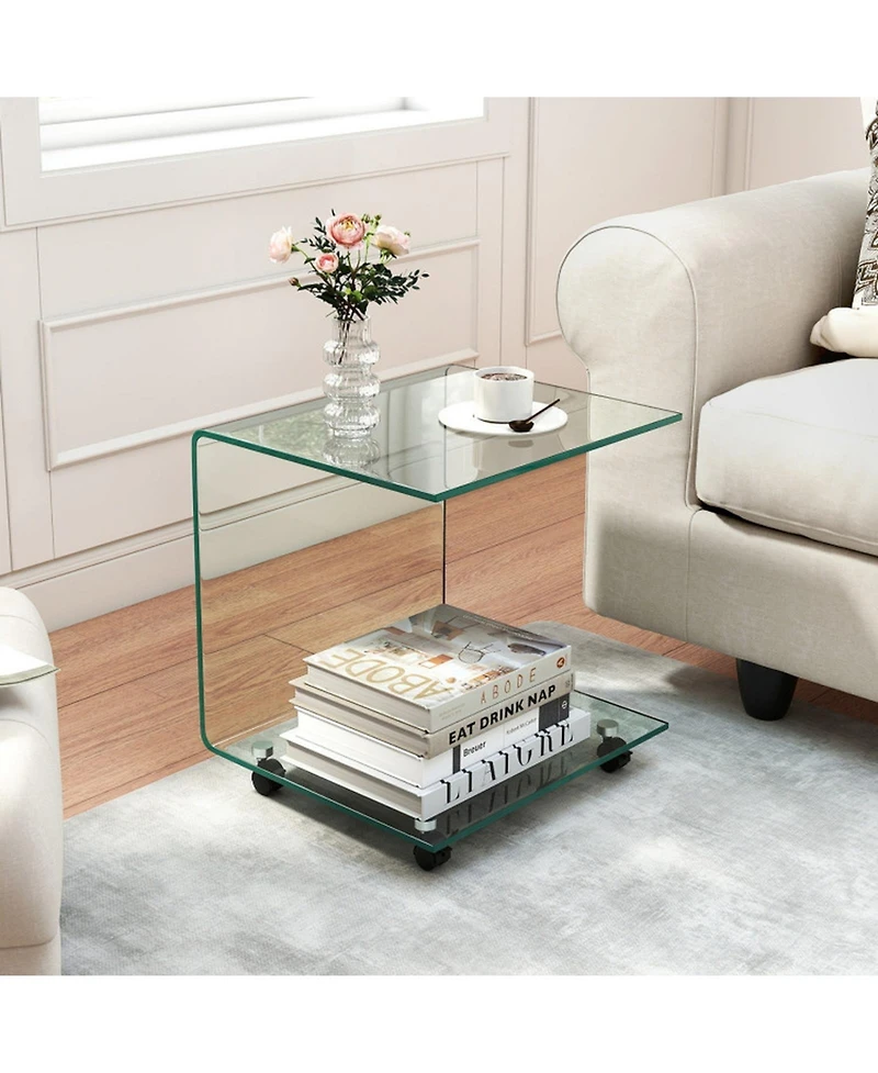 Sugift C-Shaped Tempered Glass End Table with Shelf and Detachable Wheels