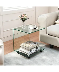 Sugift C-Shaped Tempered Glass End Table with Shelf and Detachable Wheels