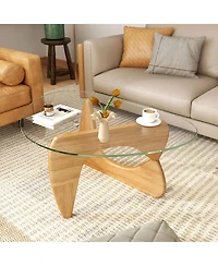 Sugift Triangle Coffee Table with Tempered Glass Top and Adjustable Rubber Wood Base