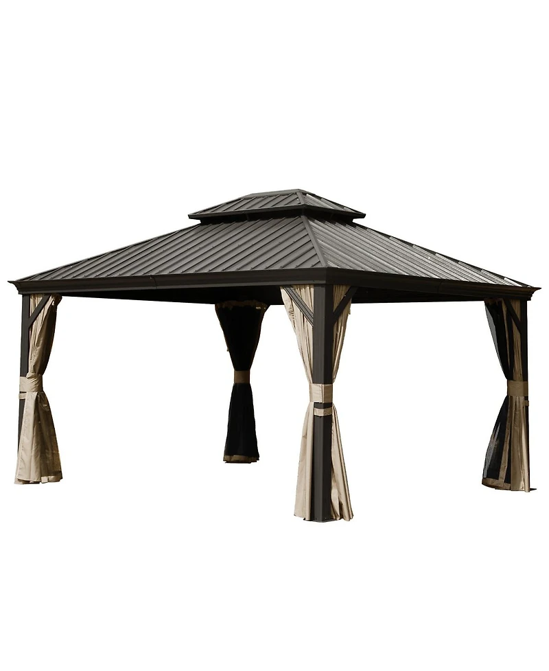 Asagikoiai 10x14 Ft Metal Outdoor Hardtop Gazebo, Double Roof Patio Canopy with Netting and Curtains