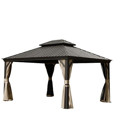 Asagikoiai 10x14 Ft Metal Outdoor Hardtop Gazebo, Double Roof Patio Canopy with Netting and Curtains