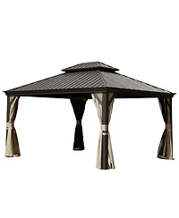 Asagikoiai 10x14 Ft Metal Outdoor Hardtop Gazebo, Double Roof Patio Canopy with Netting and Curtains