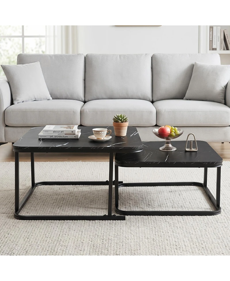 Sugift Set of 2 Nesting Coffee Tables with Faux Marble Top and Metal Frame