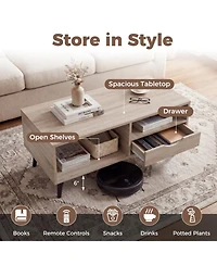 Sugift Rectangle Coffee Table with Storage Shelf and Drawer Center Table