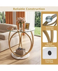 Sugift Round Faux Marble End Table with Tempered Glass Top 2-Tier Side Table