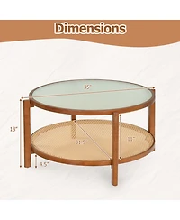 Sugift 2-Tier Rattan Coffee Table with Frosted Tempered Glass Top and Wood Legs