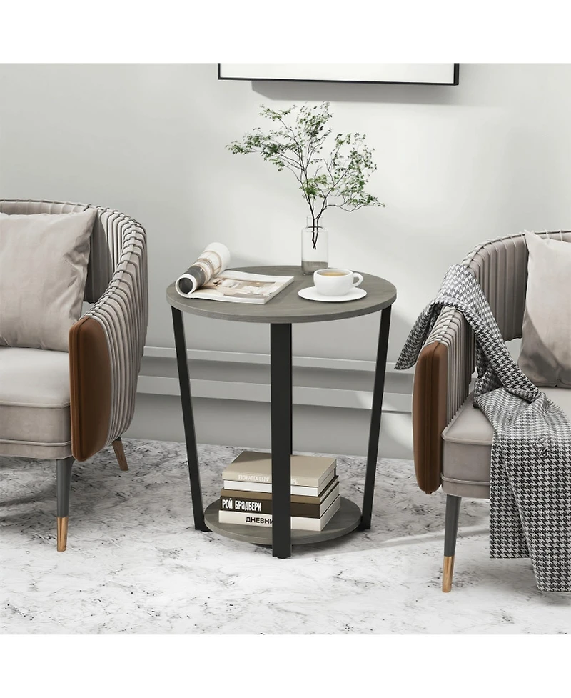 Sugift 2-Tier Round End Table with Storage Shelf and Metal Frame