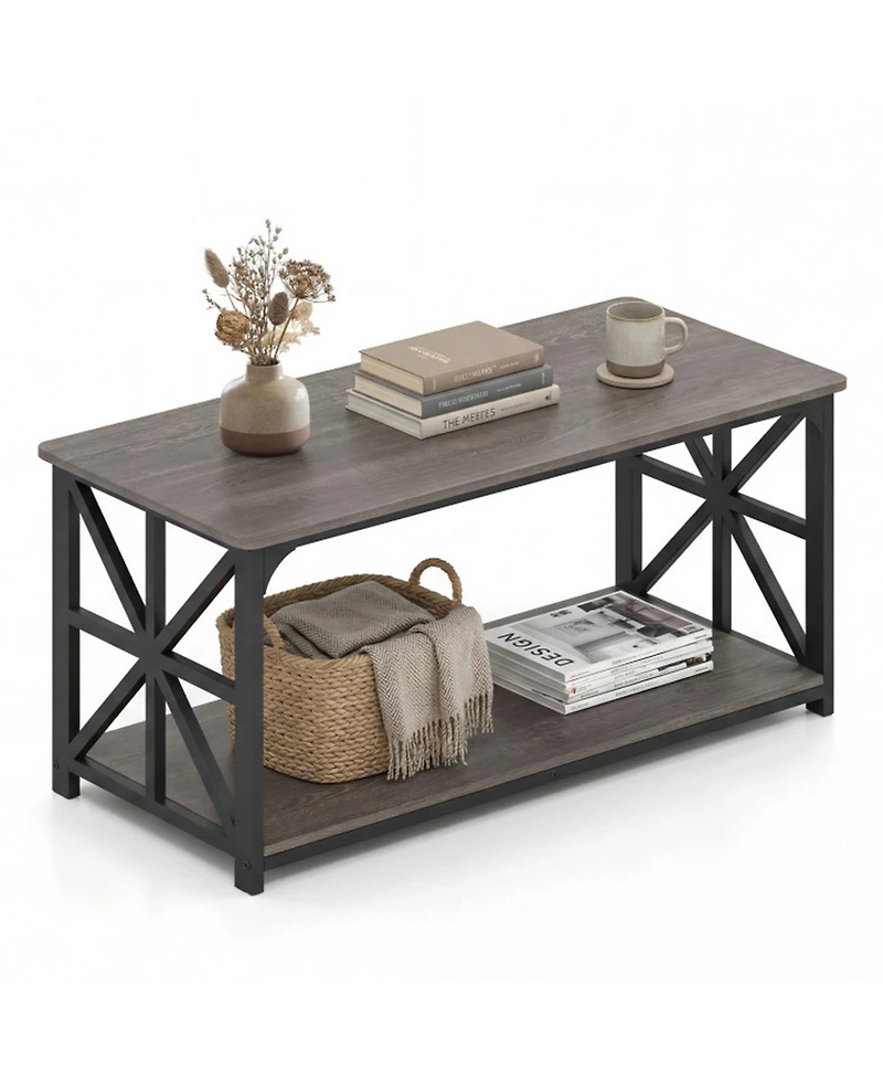 Sugift 2-Tier Center Table with Storage Shelf and X Frame