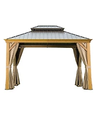 Asagikoiai 10x12 Ft Outdoor Hardtop Gazebo, Wood-Looking Metal Patio Canopy with Double Roof
