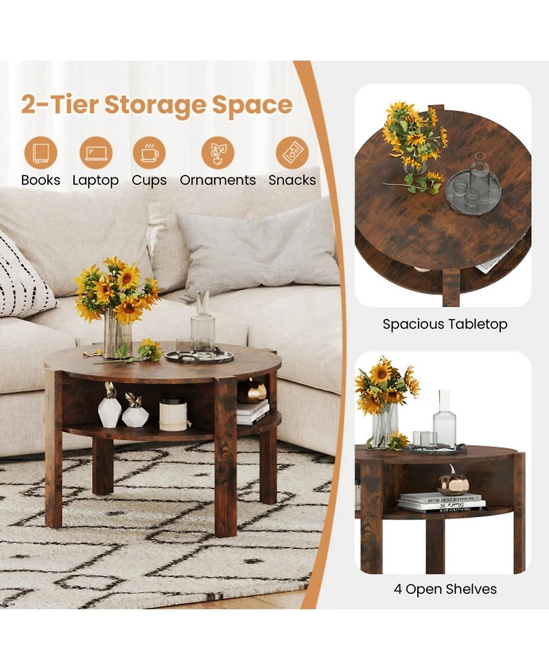 Sugift 29.5in Round Coffee Table with Storage Shelves for Small Spaces