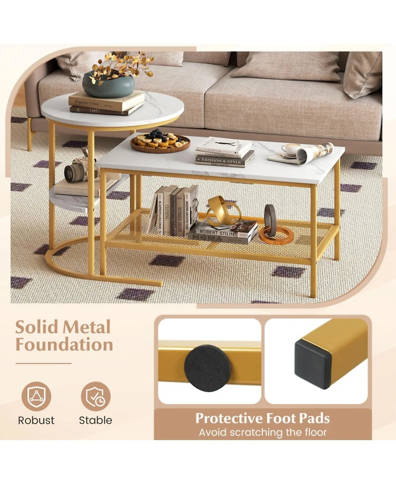 Sugift 2-Tier Rectangle Coffee Table and Side End Table Set with Storage Shelves Faux Marble Top